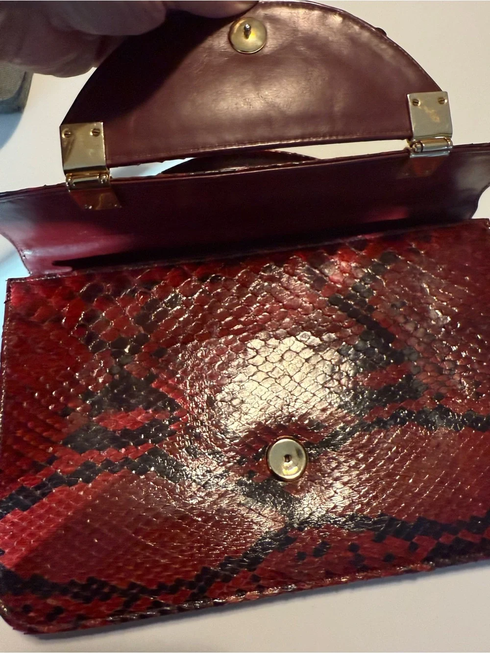 Red Snake Skin Top Handle Handbag